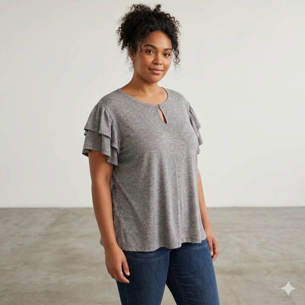 Kori America Rib Knit Top Womens Large Gray Flutter Sleeve Side Slit Casual Chic